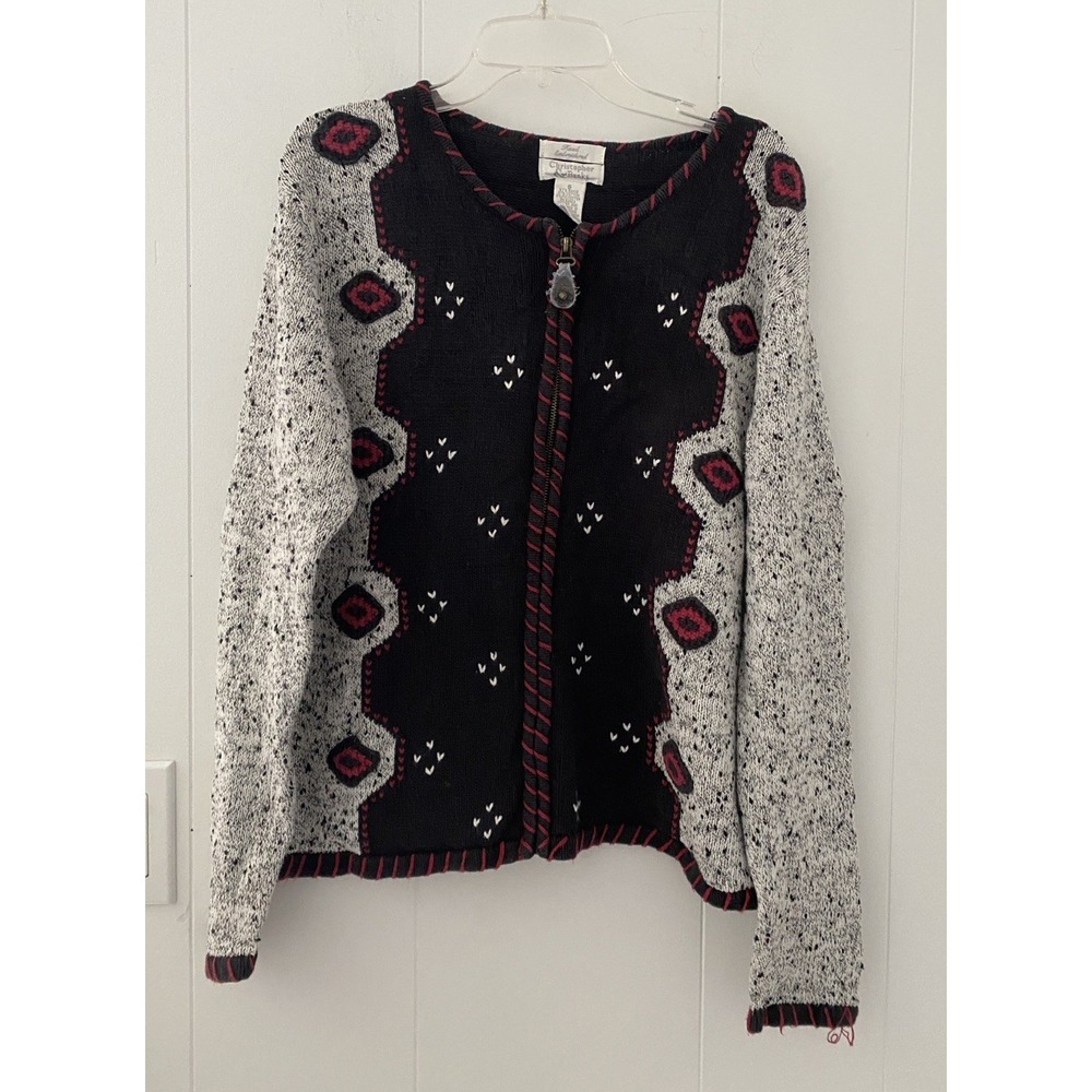 VTG Christopher & Banks Cardigan Sweater Womens Black Knit Hand Embroidered Sz S